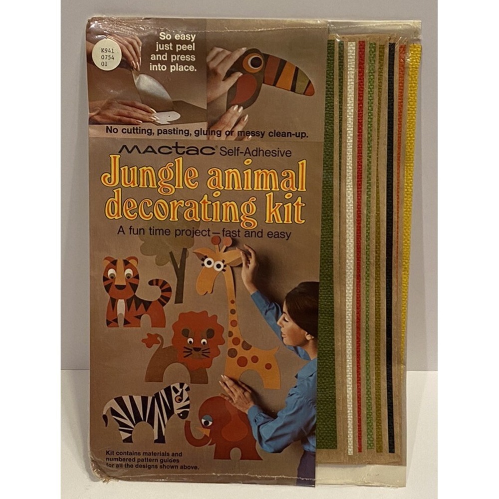 Sealed Vtg 70s Mactac Jungle Animal Self Adhesive Decorating Kit Walls Mural